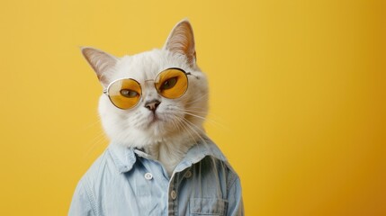 Wall Mural - Portrait of white British cat in sunglasses and shirt on yellow background in studio with space for text