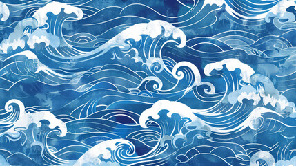 Poster - seamless pattern of ocean waves in the style of traditional Japanese art, vector illustration, hand drawn, flat design, blue and white colors, high resolution, highly detailed, high definition