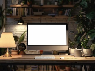 Poster - Modern Home Office with Computer and Plants. Generative ai