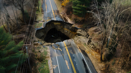 Large sinkhole opening up on a road, surrounded by debris, caution tape, and warning signs.