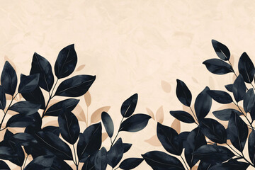 Poster - Aesthetic retro vintage background with dark leaves, large and small leaves on the bottom of the picture, minimalistic, light beige background