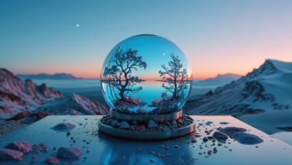 Canvas Print - Crystal Ball Reflecting a Sunset Landscape.