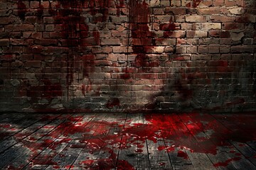Wall Mural - Bloody background scary old bricks wall and floor, concept of horror and Halloween, HD, realistic, Generative ai