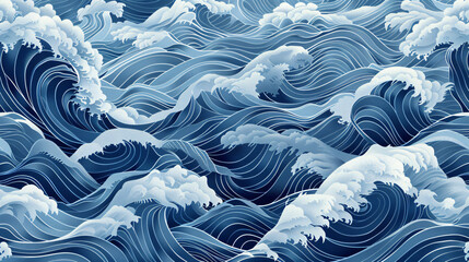 Poster - seamless pattern of ocean waves in the style of traditional Japanese art, vector illustration, hand drawn, flat design, blue and white colors, high resolution, highly detailed, high definition