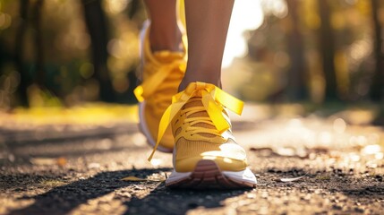 A person wearing running shoes with gold ribbons, symbolizing participation in a fundraising race for childhood cancer research