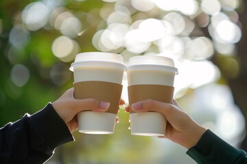 Two Friends Toasting Coffee Cups Outdoors on Sunny Day