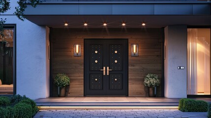 A large black door with two lights on top of it. The door is made of wood and has a black trim. There are two potted plants on either side of the door, one on the left and one on the right