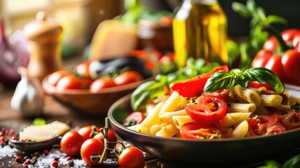 Italian Pasta Dish with Tomato Sauce and Vegetables on Table Healthy Vegetarian Meal
