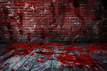 Wall Mural - Bloody background scary old bricks wall and floor, concept of horror and Halloween, Generative ai