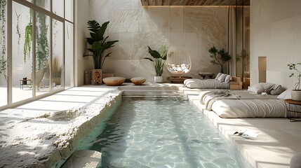 Wall Mural - a Scandinavian poolside area with light colors and minimalistic design for an airy feel