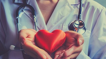Wall Mural - Healthy Heart and Cardiovascular Care: A close-up of a doctor’s hands holding a red heart shape and a stethoscope, symbolizing care and prevention for cardiovascular health