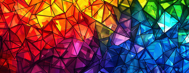 Poster - Colorful abstract background with rainbow colored geometric shapes and textures. Rainbow colors and rainbow pattern. Background for design in the style of stained glass. Vector illustration.


