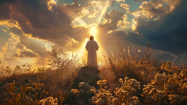 A Jesus stands in a posture of prayer and contemplation, his hands raised towards the heavens in an expression of divine connection