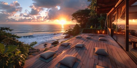 Wall Mural - Peaceful Sunset Yoga Deck Overlooking the Ocean
