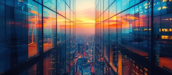 Canvas Print - Cityscape Reflected in Glass Facade at Sunset