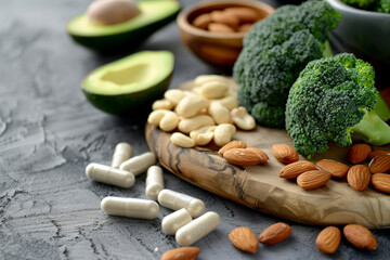 variety of healthy foods including broccoli, avocado, and nuts are displayed on a counter. Concept of health and wellness, as these foods are known to be nutritious and beneficial for the body