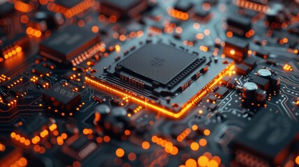 Canvas Print - Close-Up of a Glowing Motherboard with a CPU Chip