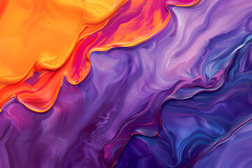 Wall Mural - Abstract background with colorful waves of fluid liquid, oil painting style, vibrant colors, glowing light effects, orange and purple color gradient, high resolution, detailed texture, top view



