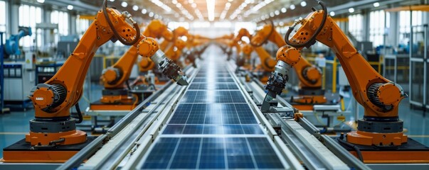 Wall Mural - High-tech automated photovoltaic production line with robotic arms manufacturing solar panels