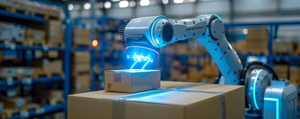 Canvas Print - Robotic arm working in an industrial setting, handling and sorting packages with precision