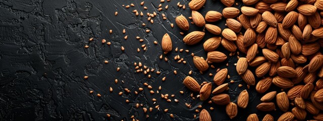  A stack of almonds aligned on a black surface, dotted with oil drops