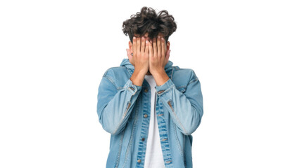 Handsome hispanic man wearing casual clothes covering eyes and mouth with hands, surprised and shocked on transparent background