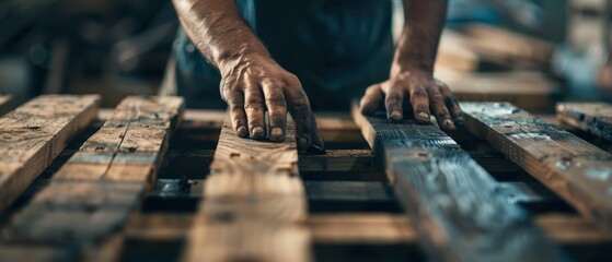 Close-up of carpenter's hands working on wooden planks, showcasing craftsmanship and attention to detail in a workshop setting.