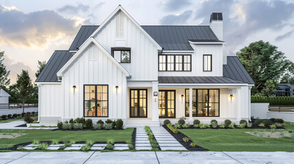 Modern farmhouse style 3D home exterior featuring white siding, black window frames, and a charming front yard on a white background