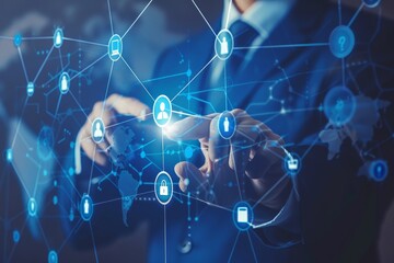 Poster - Businessman interacting with digital icons on virtual blue screen for global network remote work