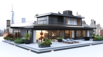 Modern urban American 3D home exterior with sleek design, rooftop terrace, and city skyline view on a white background