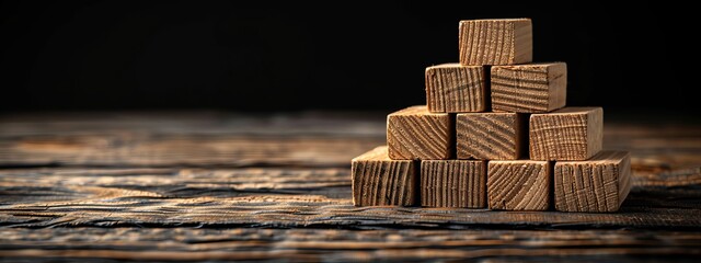 Wall Mural -  A stack of wooden blocks sits atop a wooden table, set against a black backdrop In the table's center, a vague, blurred depiction of a piece of wood is