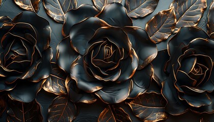 Wall Mural - Black rose flowers with golden leaves. 3d rendering, 3d illustration.