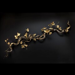 An ornate gold decorative piece with intricate floral and scroll patterns is displayed against a dark background, showcasing its elaborate craftsmanship. Golden flowers vine on the black backdrop. 