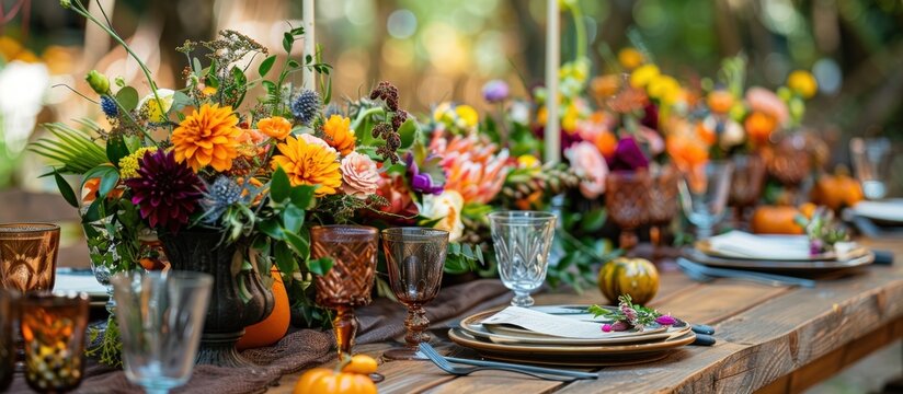 Autumnal Table Setting with Vibrant Floral Centerpiece