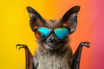 Wall Mural - Funny bat with sunglasses in a brightly colored studio background