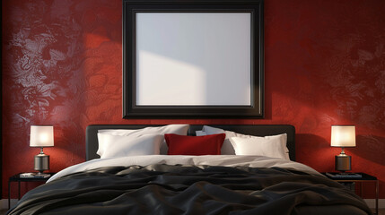 Wall Mural - Elegant bedroom with a black-bordered blank frame on a red wall, luxurious bedding, and sophisticated lighting