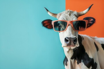 Wall Mural - Funny cow wearing sunglasses in studio with a colorful and bright background