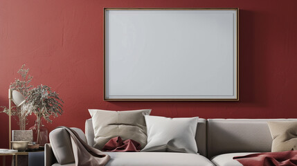 Wall Mural - Minimalist bedroom design featuring a blank mockup frame on a red wall, modern furnishings, and neutral tones
