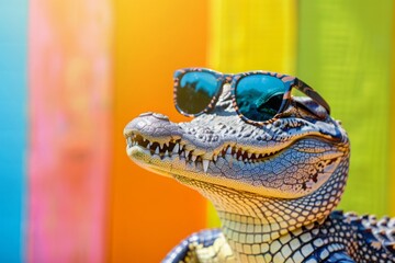 Wall Mural - Funny crocodile wearing sunglasses in studio with a colorful and bright background