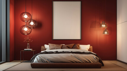 Wall Mural - Modern bedroom featuring a blank frame on a red wall, sleek bed design, and elegant lighting fixtures