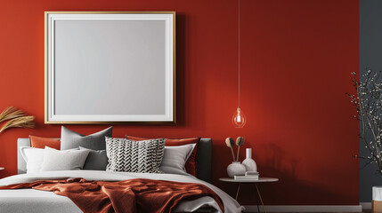 Canvas Print - Modern bedroom featuring a blank mockup frame on a red wall, sleek bed design, and stylish decor