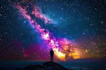 a man standing on top of a mountain under a colorful sky