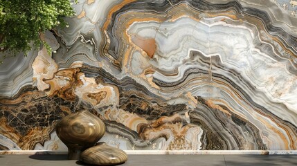 Wall Mural - Abstract Swirls of Onyx Marble with Wooden Vases