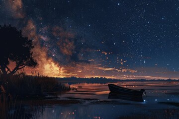 Wall Mural - a boat floating on top of a lake under a night sky