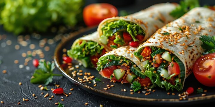 Fresh Vegetable Wraps with Sesame Seeds on a Black Plate