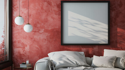Canvas Print - Sleek bedroom design with a blank black-bordered frame on a red wall, minimalist decor, and a soft color palette