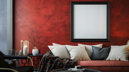 Wall Mural - Stylish bedroom featuring a black-bordered blank frame on a red wall, contemporary furnishings, and luxurious textiles