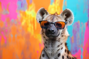 Wall Mural - Funny hyena in a studio with a vibrant and colorful background while sporting sunglasses