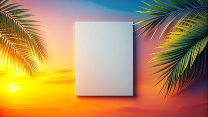 Wall Mural - Photorealistic white letter paper mockup on a sunset gradient background, summer theme, solid texture, top view, with copy space for text.