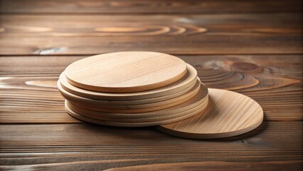Wall Mural - Stack of blank coasters with wood texture on wooden surface, circular drink pad pile template, rustic wooden background, soft lighting, minimalist scene, clean composition.